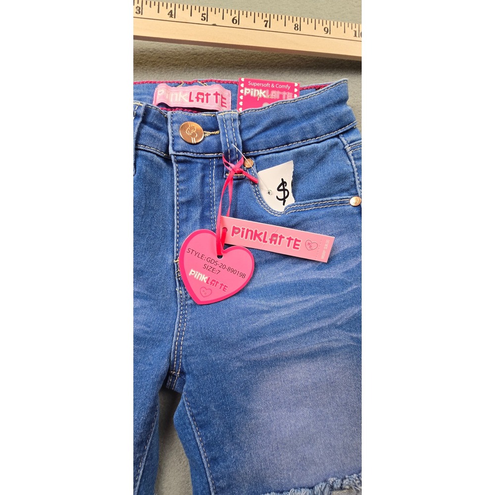 Pink Latte Girls Blue Denim Shorts Size 7 NWT Frayed Raw Hem Supersoft Comfy - Picture 4 of 10